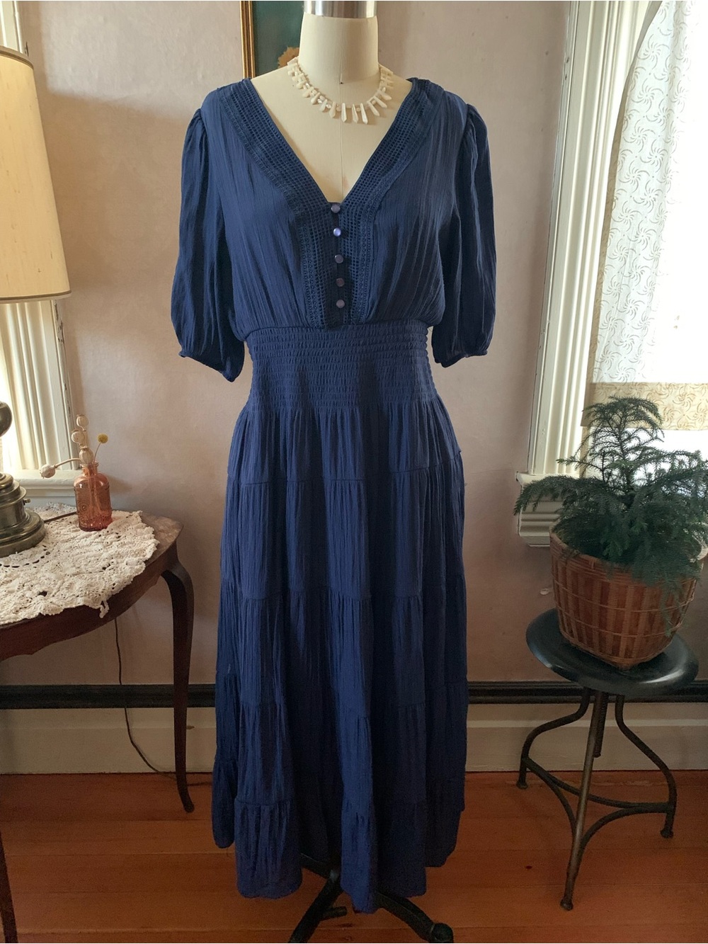 Smocked-Waist Navy Maxi Dress with V-Neck